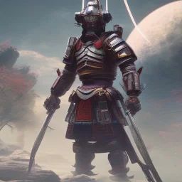 masterpiece Robot samurai portrait, dark cosmic atmospheric, ultra realistic, cinematic lighting, octane render, art style by Hiroyuki-Mitsume Takahashi