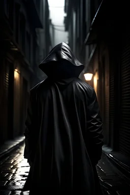 man in a long coat with a hood, face partially hidden, in a dark alley of a big city. Style realistic, but with a slight scify twist