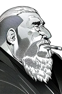 old man in profile smokes a cigar, shot hair, greyscale