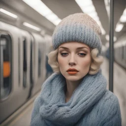 A woman , sad,in the metro in the style of marilyn monroe, blue, Grey, beige,orange, with a knitted hat, eyes closed