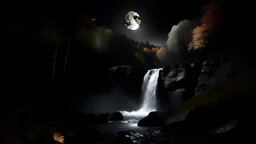 White waterfall, moon, a dark autumn forest around