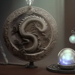 a gorgeous, stunning pewter necklace of a dragon clutching an illuminescent moonstone lying on a rustic wood table with crystal ball behind necklace, 8k resolution, high-quality, fine-detail, photorealistic, intricate, digital art, detailed matte, volumetric lighting, illustration, 3D octane render, brian froud, howard lyon, selina french, anna dittmann, annie stokes, lisa parker, greg rutowski, George Grie, Ben Goossens, Igor Morski