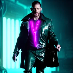 Actor, tom hardy, blade runner style, rain, fog, neon ambient, gradient color, clean skin, circuits, latex coat, cyber punk, neon, tubes, portrait, studio photo, unreal engine 5, smooth color, 16 bit, god lights, ray tracing, RTX, lumen lighting, ultra deatail, volumetric lighting, 3d, finely drawn, hd.