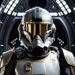 star wars bald male corellian pilot wearing gunmetal grey and black First Order special forces TIE pilot armored flightsuit and helmet with gold trim inside the jedi temple, centered head and shoulders portrait, hyperdetailed, dynamic lighting, hyperdetailed background, 8k resolution, volumetric lighting, light skin, fully symmetric details