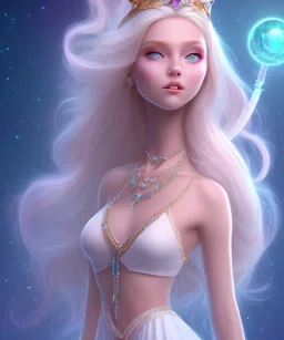 cosmic petite princesse belle fine, cheveux longs,profil de trois quart, grand front cosmique, peau bleu cristalline, yeux bleu, perle sur le front long cheveux blond et rose etoilé, cristaux sur le corps, collier de grande princesse, levres souriante, très jolie sourire