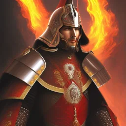 A full body image of a king, dark hair with red armor, surrounded by flames and fire