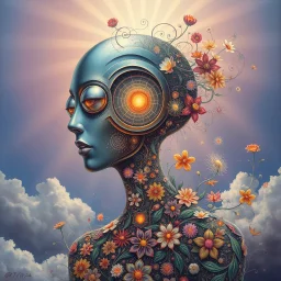 a dreamlike humanoid figure, its face dissolving into a swirl of metallic spirals, mirrored lenses, and abstract botanical shapes. The body flows into intricate glowing symbols and floral patterns that blend into the air. A soft radiant sky in the background gives the sense of the figure hovering between organic life, machinery, and pure imagination. Rich vibrant colors, surreal oil painting texture, poetic and mysterious --ar 3:4 --v 7 --style ultra --q 2