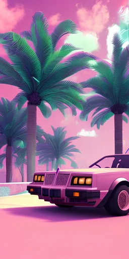 1980's aesthetic vaporwave palm trees with spheres and car
