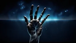 fekete tengerből a mélykék ég felé nyúló átlátszó üveg kar fekete erekkel és öt ujjal, sötét univerzum, halvány csillagok, galaxis, detailed, high realistic, lenyűgöző, dark. gloomy