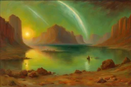 lake, sci-fi, mountains, galactic cosmic influence, friedrich eckenfelder and hans am ende impressionism paintings