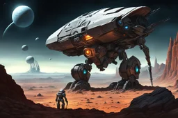 Sci-fi, sci fi dramatic scene, a colossal resource harvester bot with one drill arm and one pincher arm surveys a rocky alien planet surveying for mineral resources, grand, expansive, intricate detail, by Brian Despain and Anton Semenov, detailed full color digital illustration, comet streaking, ringed planets in distance