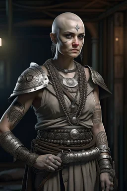 full length, gangly, 22-year old, shaved head, nordic looking grey-eyed female human with a beaded necklace, bare face, scale mail, sickle and shield