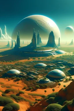 Une planète vierge comme Mars habitée par l'homme avec des plantations, des fermes et des villes futuriste et un grand vaisseau en premier plan