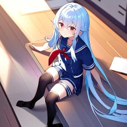 Clear focus, High resolution, long fluffy light blue hair, hair between eyes, long locks, wearing a sailor uniform, wearing a sailor skirt, long black socks, 1girl, cartoon, cute, UNFOTABLE studio, red tie, sitting, outside setting, nothing infront of character, sitting on floor