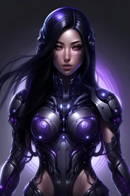 female body like cyborg, black body, black long hair glow, purple eyes, purple jewel at chest center