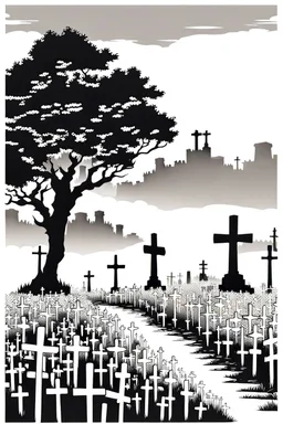 landscape, open air flat cemetery with thousand crosses, manga style, grayscale