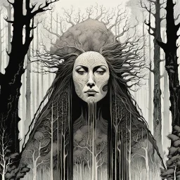 create a wildly abstract expressionist lithographic print of a ghostly tribal druid priestess, with highly detailed, delicate feminine facial features, inhabiting a foggy, ethereal Northern forest of ancient hemlocks, in the comic book style of Jean Giraud Moebius, David Hoskins, and Enki Bilal, precisely drawn, sharply defined, boldly inked, in the pale colors of the midnight moon