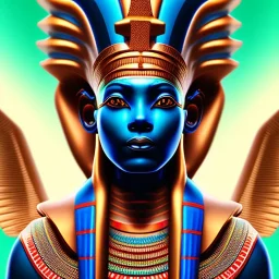 3D close-up of a Egyptian god Anubi, high contrast, glowing backlighting, blue and red backlighting, vibrant hair, dark brown eyes, sharp focus, face painting, background blur.