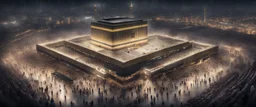 Hyper Realistic Areal View of Kaaba with lots of people worshipping at rainy night