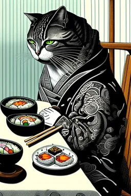 Cat, sitting at a table, eating sushi,perfect iris, ink and pencil, style Tiziano