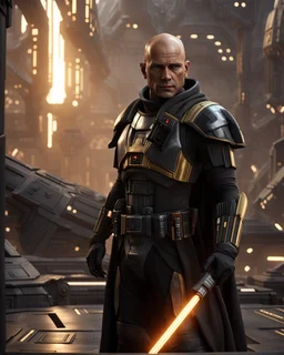 star wars bald male corellian pilot wearing pearlescent black and gunmetal grey First Order special forces heavy assault stealth commando armor and helmet with gold trim inside the jedi temple, hyperdetailed, dynamic lighting, hyperdetailed background, 8k resolution, volumetric lighting, light skin, fully symmetric details