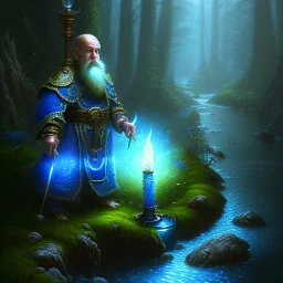 medium close up of blue robed water monk with long beard, chasm, candle light, torches, Dark fantasy concept art, dynamic lighting, Intricately detailed, Splash screen art, deep color, Unreal Engine, volumetric lighting, blue flowers, moss, leather, creek, flowing water, fantasy dark forest artwork,back light