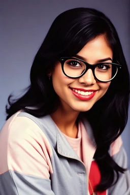 full color image, 1980's yearbook photo, girl, Selena Quintanilla, 24 years old, a sly, clever smile on her face, 1980's clothing and hair styles, 4k UHD, photorealistic, (big, full, plump, pouty lips:1.5) black hair, big cat-eye eyeglasses, full body, head to toe, full frontal