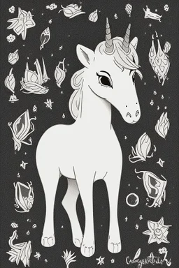 A delightful coloring page design showcasing an adorable baby unicorn in a charmingly naive art style. The artist has skillfully created a whimsical scene with minimal details and a focus on bold, thick black outlines. The endearing fox, prominently positioned in the center, is the highlight of this illustration. The all-white background beautifully complements the simplistic design, allowing young artists to unleash their creativity. As the baby fox takes center stage, a subtle hint of its