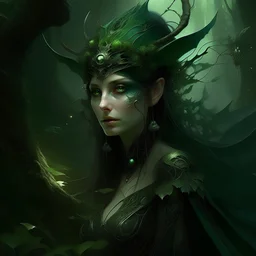 Ultra detailed digital art masterpiece, beautiful misterios dark green fairy woman with a misterios nightmare forest creature next to her, Tom Bagshaw, Anne Bachelier, mixed with dark elements, dark environment, very dark night, clean olive green fairy clothing, no make up natural face, abstract, big shiny eyes, ultra detailed atmospheric details, beautiful glowing effects, sparkle effects, realistic body proportions, beautiful face proportions, complex masterpiece, wild hair style, creative glo