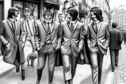 Mature cats are "The Beatles", playing music, street, Vienna, friendly, sunny day, model style, hyper realistic, extremely accurate, delicate, extremely detailed, Graphic novel style, wide-angle, open aperture, superfine pencil