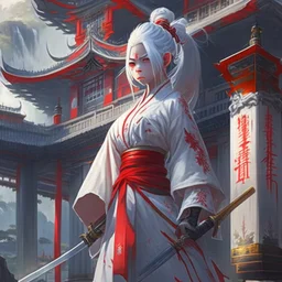 UHD, hd, 8k, oil painting, hyperrealism, Very detailed, zoomed out view, full character in view, white hair female demon character wearing a hanbok with a white top and long red bottom, she holds a katana in her right hand, she stands in front of a Japanese style palace digital art, anime, full details