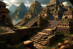 Mayan civilization, Inca civilization, Heaven's gates open to a strange world, (Ancient ruins, intricate carvings:1.2), (Mystical atmosphere, celestial beings:1.1).