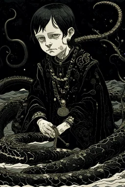 7 year old boy, necromancer, friendly, looks dead,with a long lamprey emerging from his belly , wearing black robes, in the style of Harry Clarke