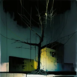 Minimal abstract oil painting of a tree in concrete warehouse brutalist architecture and hanging wires illuminated at night. With muted triadic colours. In the style of Justin Mortimer and Phil Hale, Ashley Wood