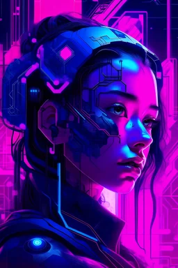 Impact on users by using neural networks, cyberpunk style, violet/pink colors