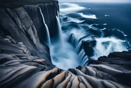 massive intimidating rock cliffs ascend all around and further up out of view. far below, the stormy ocean swirls intimidatingly. The ocean water falls off a waterfall down into a circular pit