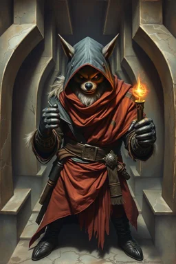 master oil painting with some air brush, fluffy human thief ninja hyena merchant sailor priest realistic and creepy, with gauntlets , straight from the lich lab, in marble labyrnith, in the style of Escher and Titian