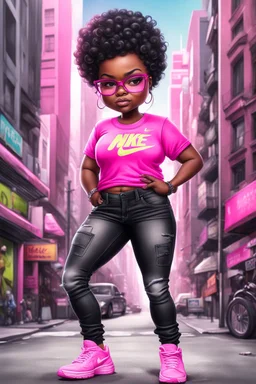 create an airbrush illustration of a chibi cartoon voluptuous black female. Wearing a hot pink t-shirt and tight black jeans with hot pink Nike sneakers. Prominent make up with hazel eyes and she is wearing pink glasses. Extremely Highly detail of a very low platinum shiny pixie haircut. Background of a busy city street.