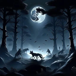 a moonlit clearing in the heart of a dark forest, where a pack of werewolves gathers to perform a sacred ritual under the watchful gaze of the full moon, their howls echoing through the night.