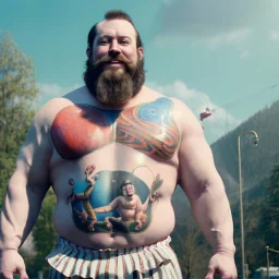 Ultra realistic circus scene. Classic Naked strongman, waist up view, old school tattoo, Wes Anderson style, happy, bubbles, butterflys, highly detailed, concept art, unreal engine 5, god rays, ray tracing, RTX, lumen lighting, ultra detail, volumetric lighting, 3d, finely drawn, high definition, high resolution.