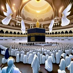 The scene in Mecca: People wearing white Ihram clothes, men without head coverings, women with veils, circumambulating around the Kaaba, and above them are transparent white spirits of children, men, and women with wings revolving around the Kaaba.