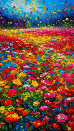 A picture field of flowers made of a plastic painting with colors that express joy 8k