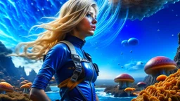 blond-haired woman in a spacesuit, on the shores of an alien world, with mushrooms, with jellyfish tentacles floating in the air, photorealistic, Detailed Matte Painting, Deep Colour, Fantastical, Intricate Detail, sunshine, blue sky