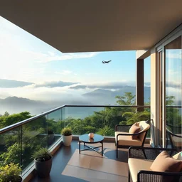 A chic and modern balcony with elegant furniture, surrounded by lush greenery. The glass railing offers unobstructed views of the misty mountains, perfect for peaceful mornings and relaxation, while an airplane flies high above the serene landscape.