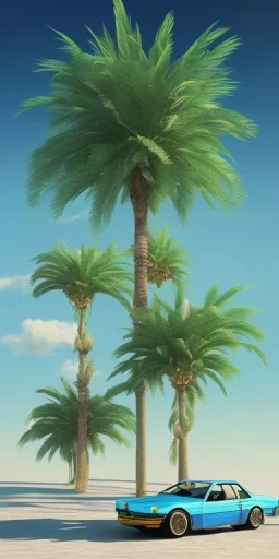 1980's aesthetic vaporwave palm trees with spheres and car