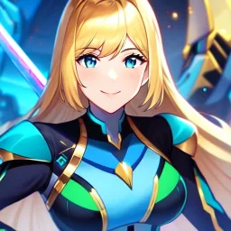 Clear focus, 8k, girl, high quality, detailed, golden hair, blue eyes, beautiful lighting, vibrant colors, mech outfit, sword, smiling