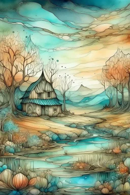 The place where the Dream and its followers live. Watercolor, fine drawing, beautiful landscape, pixel graphics, lots of details, pastel aqua colors, delicate sensuality, realistic, high quality, work of art, hyperdetalization, professional, filigree, hazy haze, hyperrealism, professional, transparent, delicate pastel tones, back lighting, contrast, fantastic, nature+space, Milky Way, fabulous, unreal, translucent, glowing