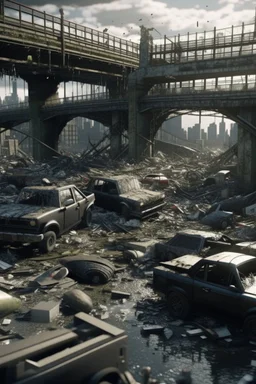 city ruins a lot of smashed cars everywhere and dead people under the bridge high quality HD pictures in cinematic universe