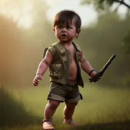 Rambo toddler, full body, dramatic lighting, hyper realistic