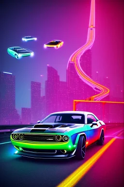 heckansicht dodge challenger fährt auf einem highway richtung horizont,miami vice, miami, neon ligths,chrome, synthwave, retro, high detailed,unreal engine, octane render, photo realistic,